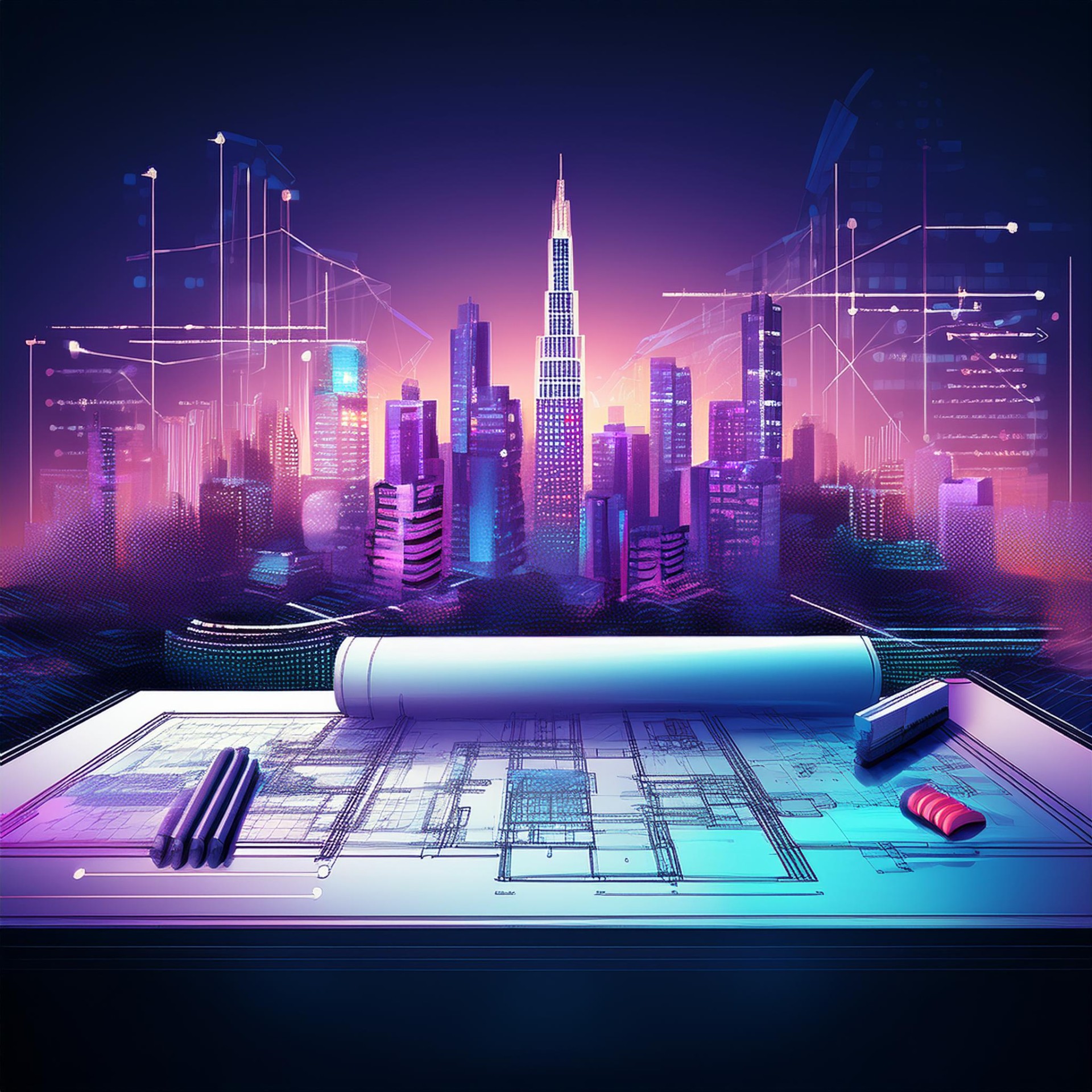 Futuristic city scape with building blueprints, to highlight Digital Meld's Program Managment Technology capabilities.