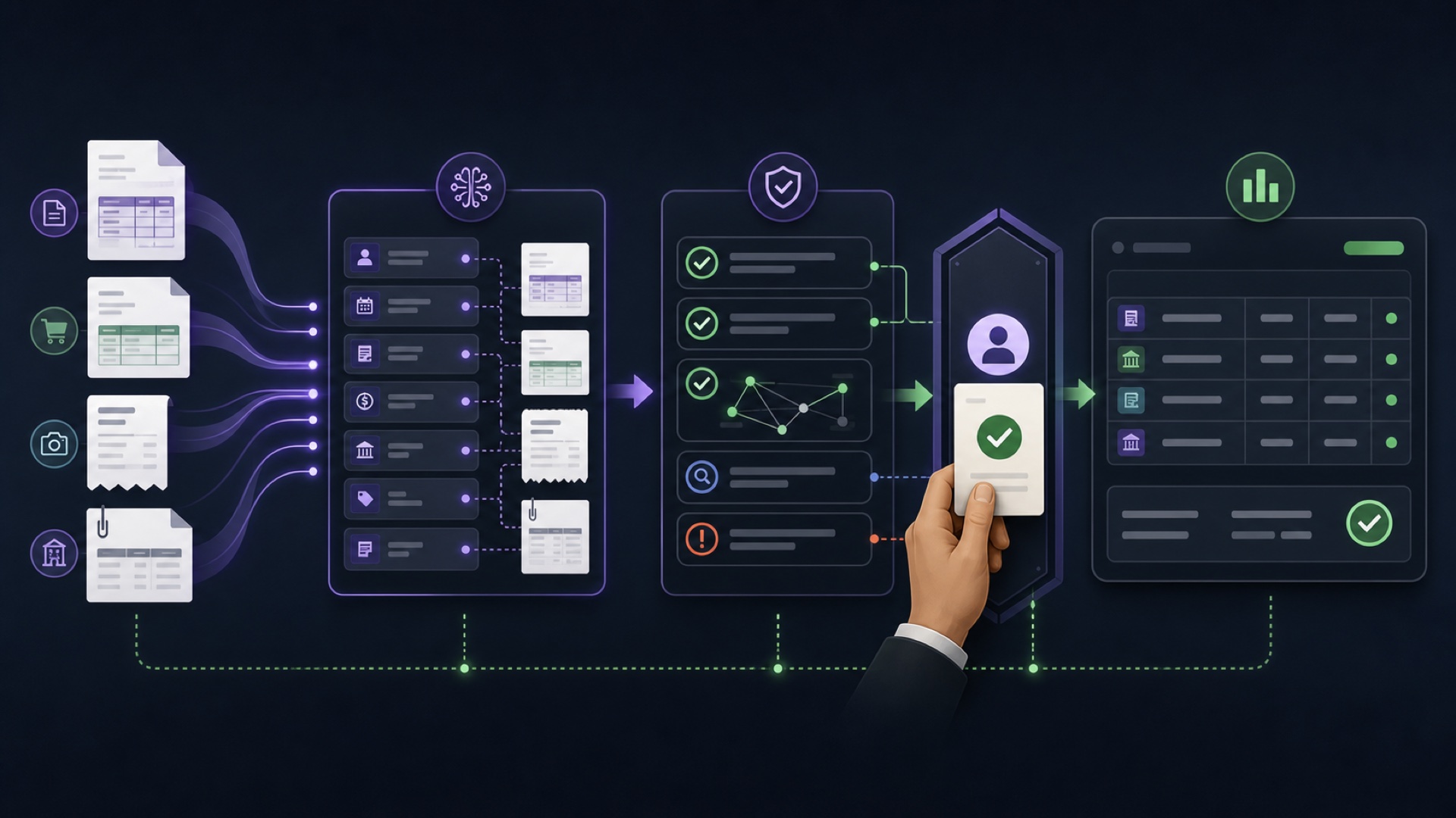 Accounts payable workflow connecting invoice evidence, AI-assisted checks, human approval, and an accounting ledger.