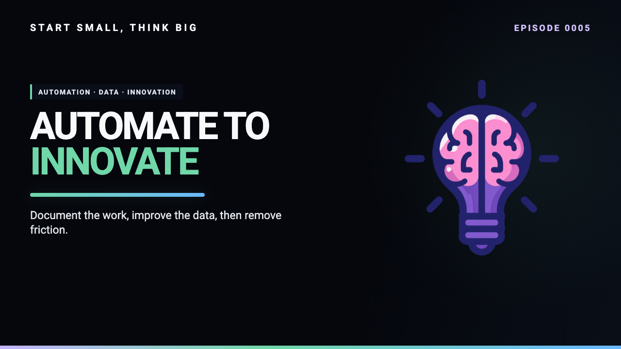 Start Small, Think Big episode 0005 artwork: Automate to Innovate: Boost Efficiency and Data Quality Across Industries.