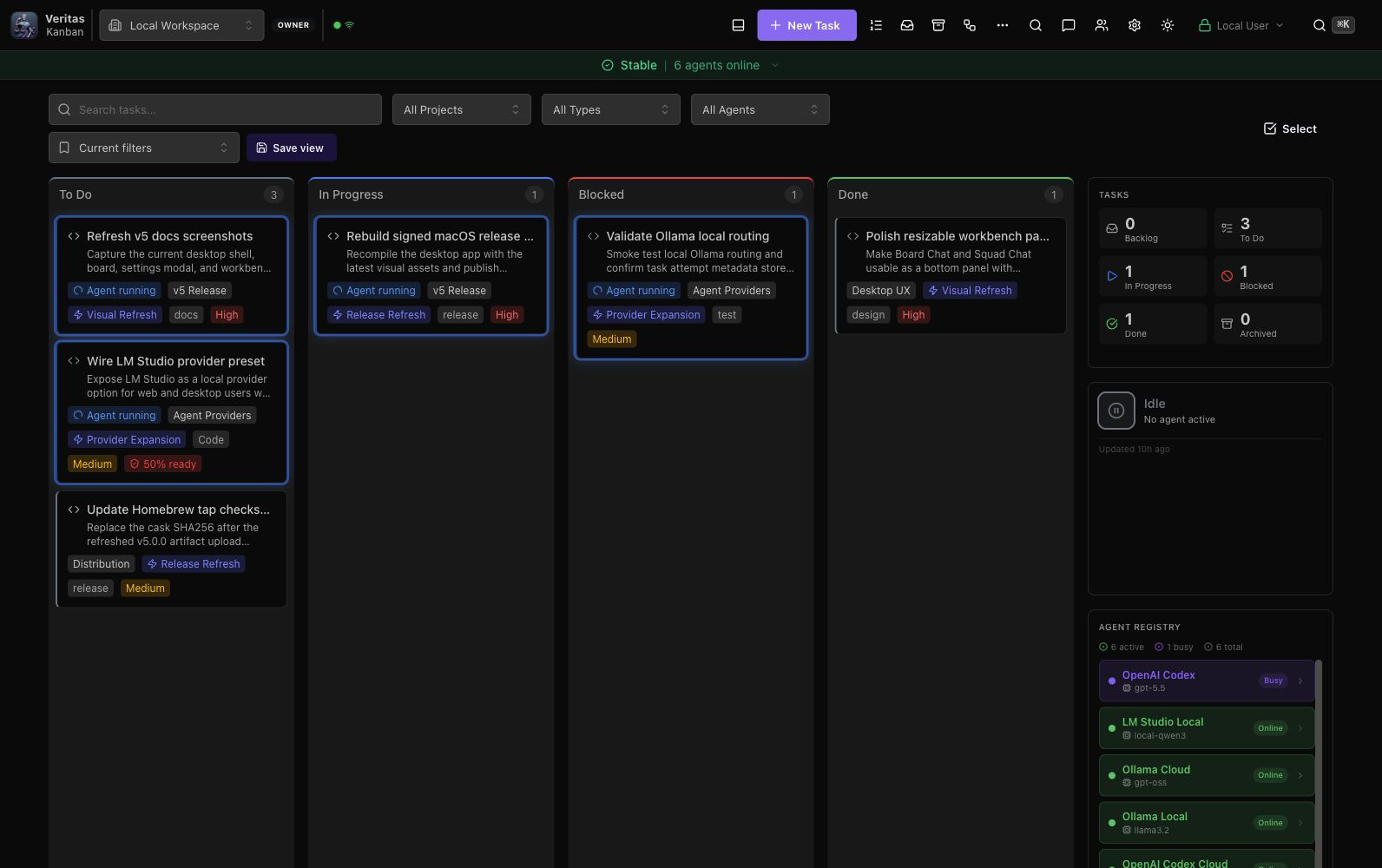 Veritas Kanban 5.0 desktop shell with board, navigation, and command-center layout.