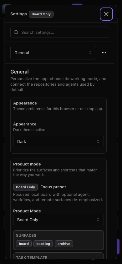 6.2.0 mobile Settings with search and appearance selection